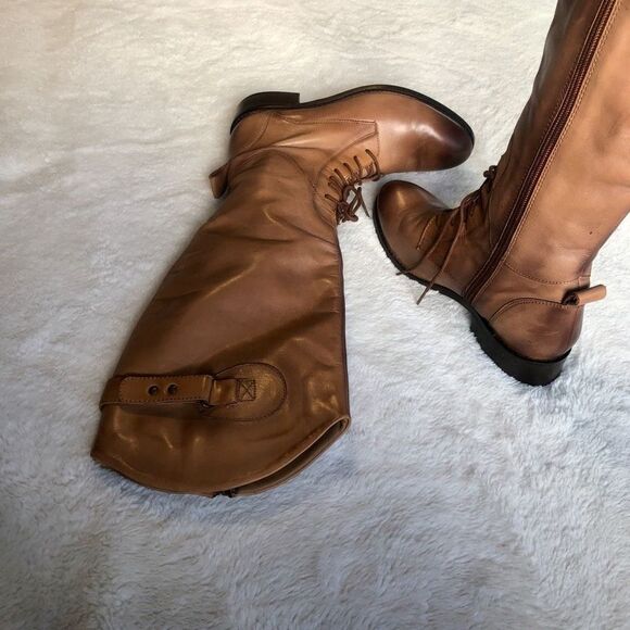 CATHY JEAN BROWN VINTAGE LOOKING KNEE HIGH LEATHER WOMENS BOOTS WITH TIE AND ZIP - Picture 3 of 10